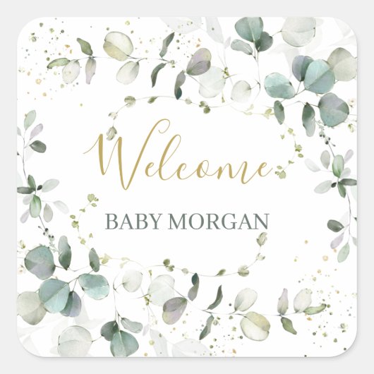 Eucalyptus Foliage-Baby shower Vierkante Sticker (Voorkant)