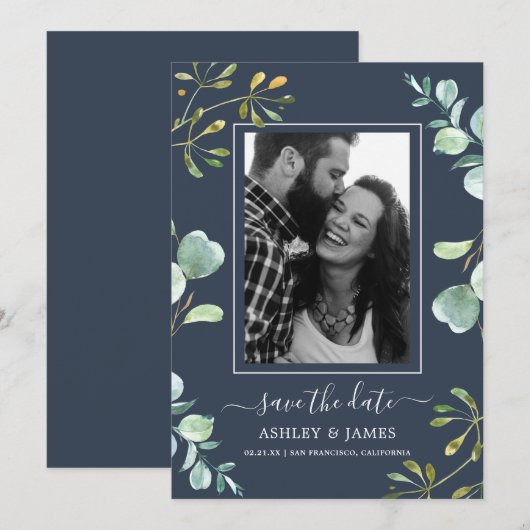 Eucalyptus Foliage Blue Botanical Save the Date Kaart (Voorkant / Achterkant)