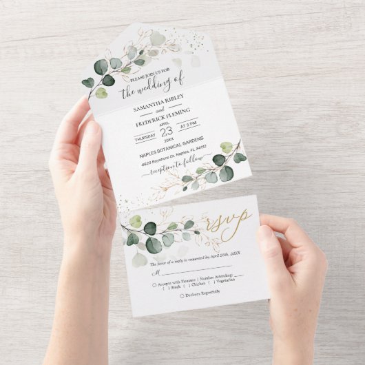 Eucalyptus Foliage Gold Leaves All In One Uitnodiging (Afscheurbaar)