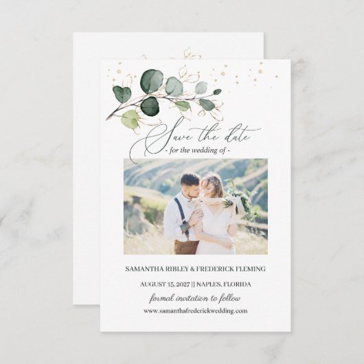 Eucalyptus Foliage Gold Leaves Save the Date Enclo Informatiekaartje (Voorkant / Achterkant)