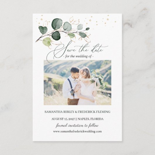 Eucalyptus Foliage Gold Leaves Save the Date Enclo Informatiekaartje (Voorkant)