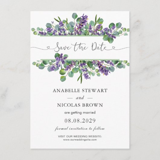 Eucalyptus Foliage Lavender Flowers Save the Date Informatiekaartje (Voorkant)