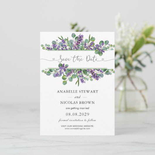 Eucalyptus Foliage Lavender Flowers Save the Date Informatiekaartje (Staand voorkant)