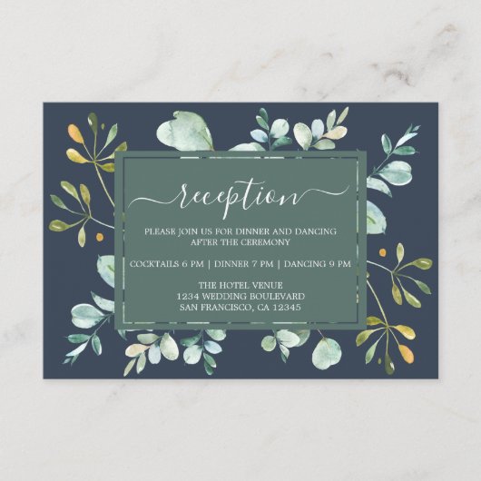 Eucalyptus Foliage Navy Blue Botanical Weddenschap Informatiekaartje (Voorkant)