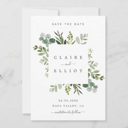 Eucalyptus Foliage Square Lijst Save the Date Kaar (Voorkant)