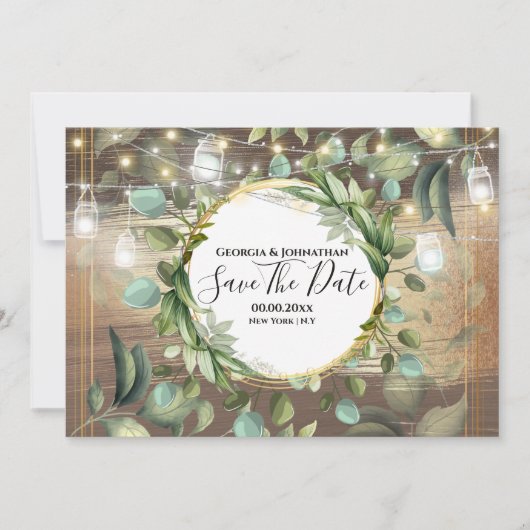 Eucalyptus foliage string licht land rustig save the date (Voorkant)