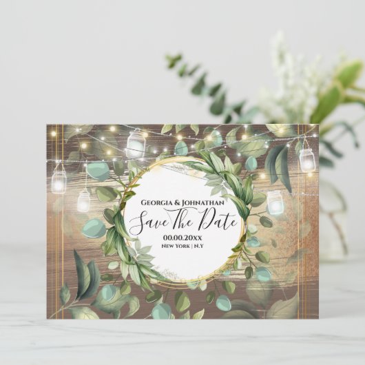 Eucalyptus foliage string licht land rustig save the date (Staand voorkant)