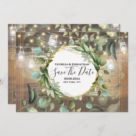 Eucalyptus foliage string licht land rustig save the date (Voorkant / Achterkant)