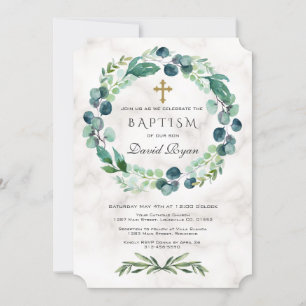 Eucalyptus Foliage Wreatcross-marble Boy Baptisme Kaart