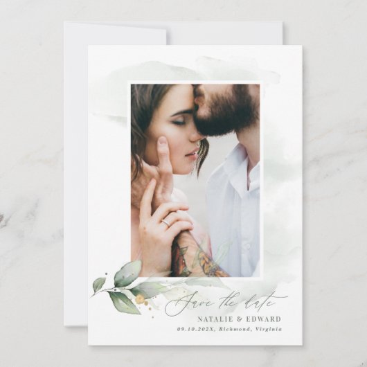 Eucalyptus foto groen modern elegant bruiloft spar save the date (Voorkant)