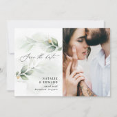 Eucalyptus foto groen modern elegant bruiloft spar save the date (Voorkant)