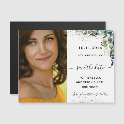 Eucalyptus foto verjaardag save the date magneet (Voorkant / Achterkant)