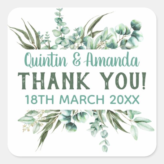 Eucalyptus gebladerte partij gunst vierkante sticker (Voorkant)