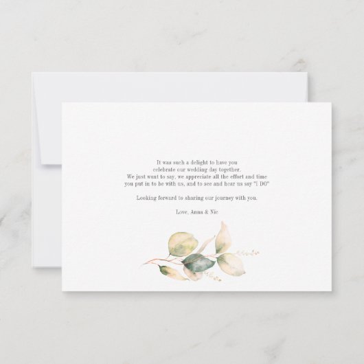 Eucalyptus gebladerte script bruiloft bedankkaart (Achterkant)