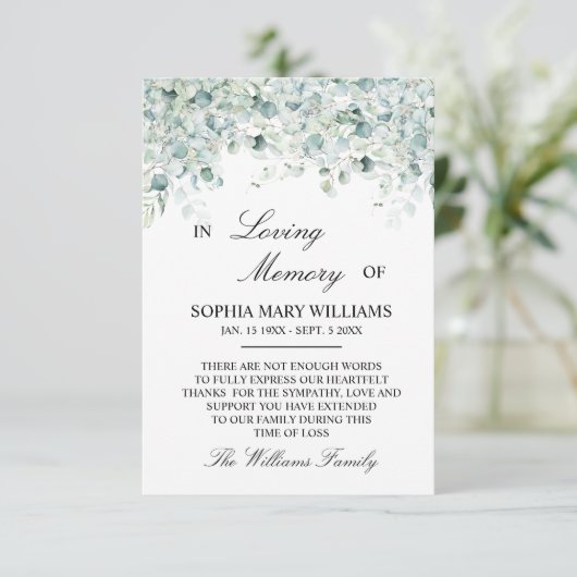 Eucalyptus geeft blijk van sympathie bedankkaart (Staand voorkant)