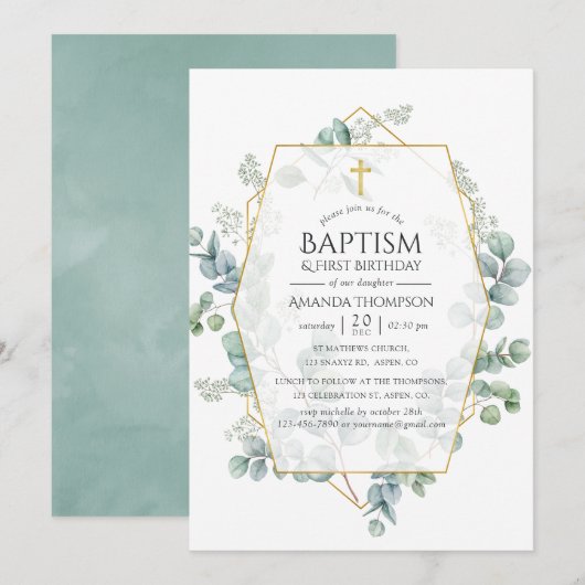 Eucalyptus Geometric Baptisme 1st Birthday Kaart (Voorkant / Achterkant)