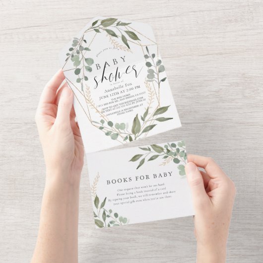 Eucalyptus Geometric Book Request Baby shower All In One Uitnodiging (Afscheurbaar)