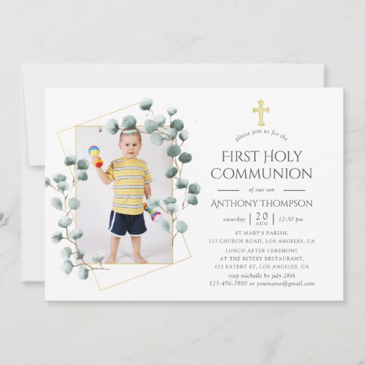 Eucalyptus Geometric First Heilige Communie Kaart (Voorkant)
