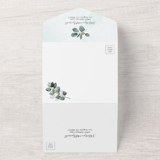 Eucalyptus Geometric Foliage Modern Wedding All In One Uitnodiging (Buitenkant)