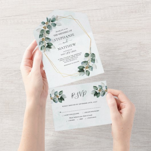 Eucalyptus Geometric Foliage Modern Wedding All In One Uitnodiging (Afscheurbaar)