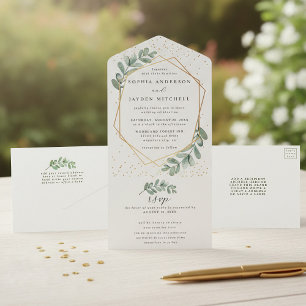 Eucalyptus Geometric Gold Foil Wedding All In One Uitnodiging