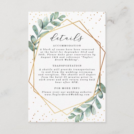 Eucalyptus Geometric Gold Foil Wedding Informatiekaartje (Voorkant)