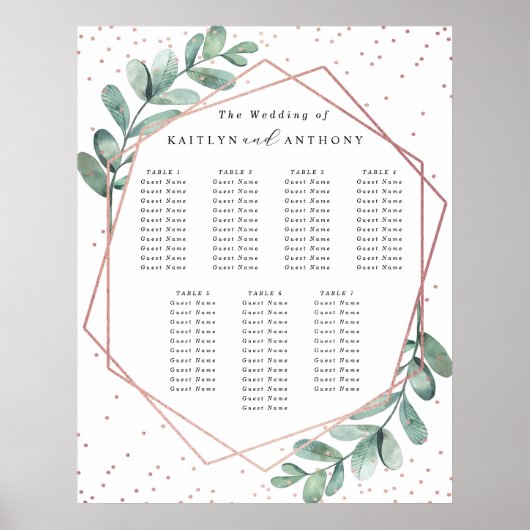 Eucalyptus Geometric Roos Gold Foil Weddentable Poster (Voorkant)