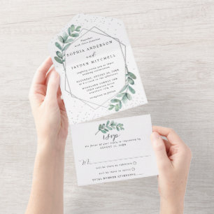 Eucalyptus Geometric Silver Foil Wedding All In One Uitnodiging