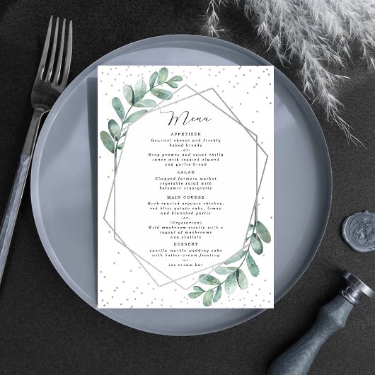Eucalyptus Geometric Silver Foil Wedding Menu