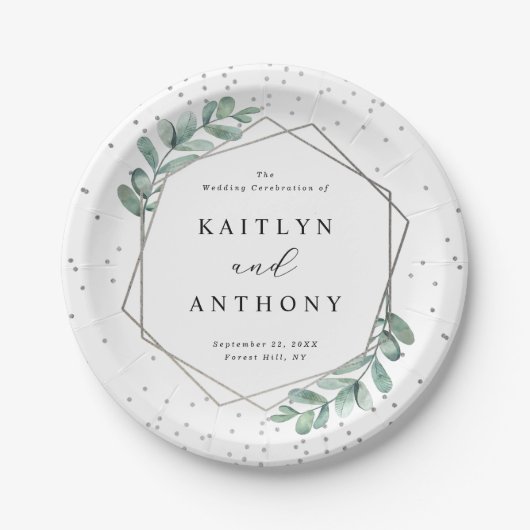 Eucalyptus Geometric Silver Foil Wedding Papieren Bordje (Voorkant)