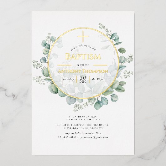 Eucalyptus Géométrique Baptême Foil Invitation (Recto)