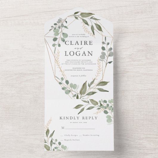Eucalyptus Geometrisch Gouden Frame Saliegroen Huw All In One Uitnodiging (Binnen)