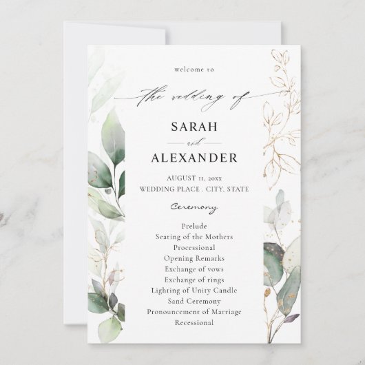 Eucalyptus Glow Gold Greenery Wedding Programme Kaart (Voorkant)
