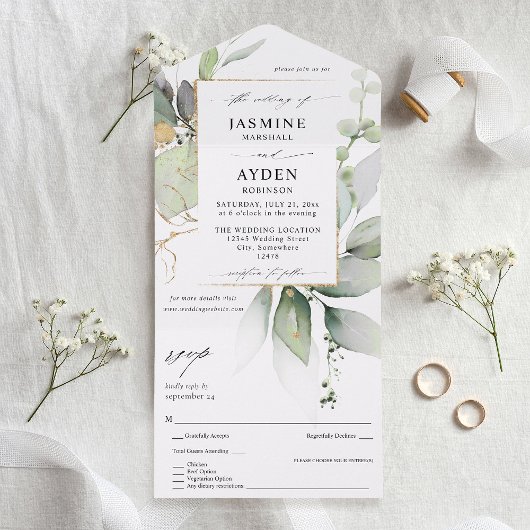 Eucalyptus Glow Gold Greenery Wedding V2 All In One Uitnodiging