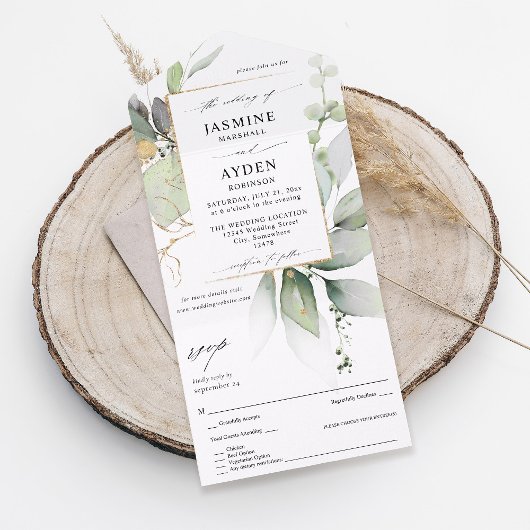 Eucalyptus Glow Gold Greenery Wedding V2 All In One Uitnodiging