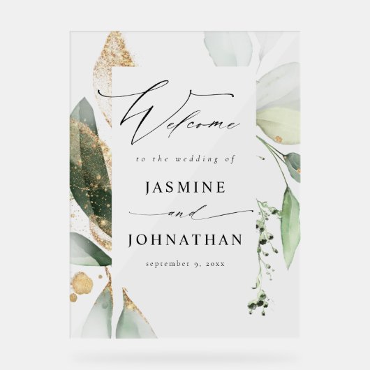 Eucalyptus Glow Goud Groen Bruiloft Welkom 3 Acryl Bord (Voorkant)