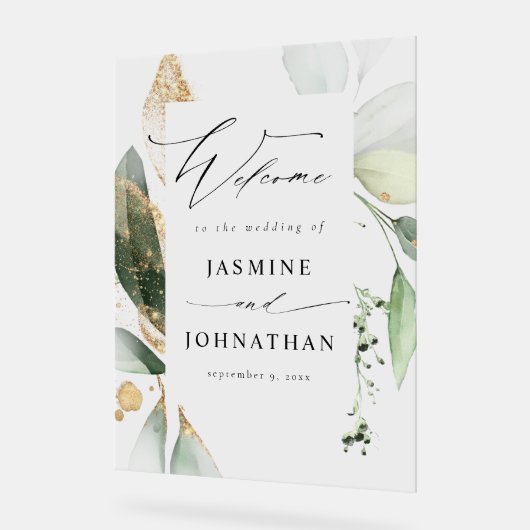 Eucalyptus Glow Goud Groen Bruiloft Welkom 3 Acryl Bord (Hoek)