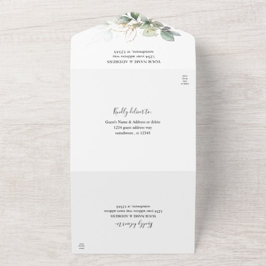 Eucalyptus Glow Goud Groene Huwelijksfeest All In One Uitnodiging (Buitenkant)