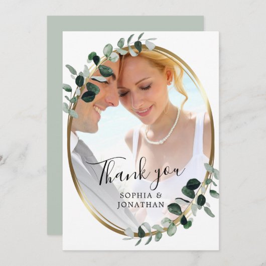 Eucalyptus Gold Elegant Script Photo Weddenschap b Bedankkaart (Voorkant / Achterkant)