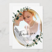 Eucalyptus Gold Elegant Script Photo Weddenschap Bedankkaart (Voorkant / Achterkant)