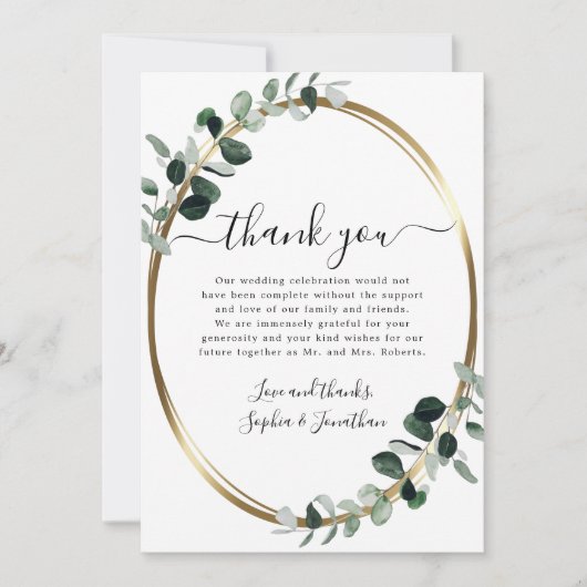 Eucalyptus Gold Elegant Script White Sage Weddensc Bedankkaart (Voorkant)