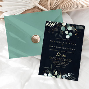 Eucalyptus Gold Floral Blue Spain Wedding Kaart