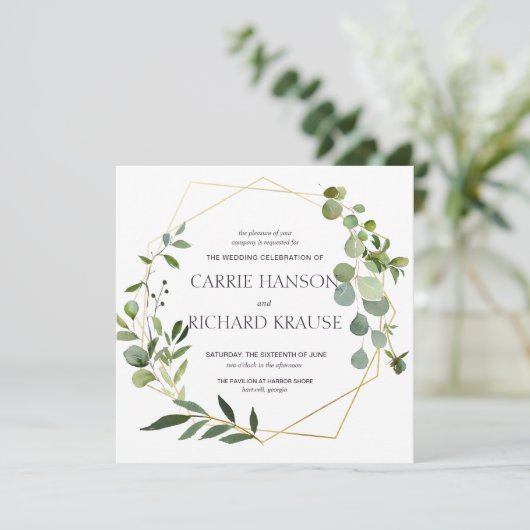 Eucalyptus Gold Geometric Weddenschap Uitnodiging (Staand voorkant)