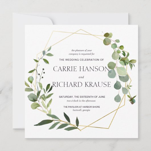 Eucalyptus Gold Geometric Weddenschap Uitnodiging (Voorkant)