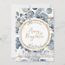 Eucalyptus Gold Glitter - Dusty Blue Invitation 2 Kaart