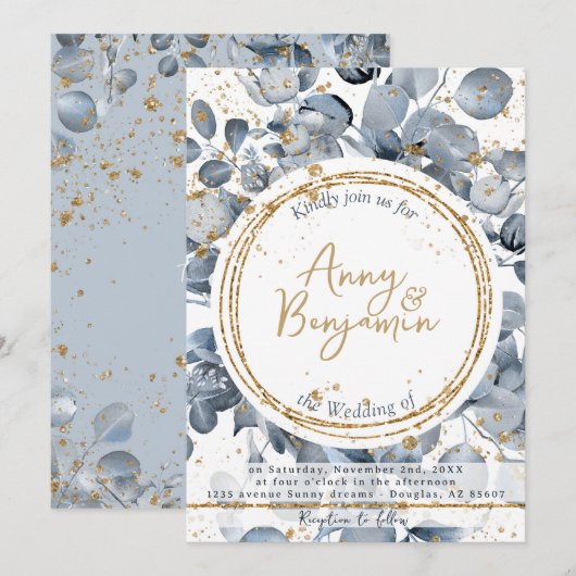 Eucalyptus Gold Glitter - Dusty Blue Invitation 2 Kaart (Voorkant / Achterkant)