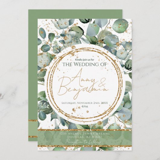 Eucalyptus Gold Glitter - Groen - Uitnodiging 03 (Voorkant / Achterkant)
