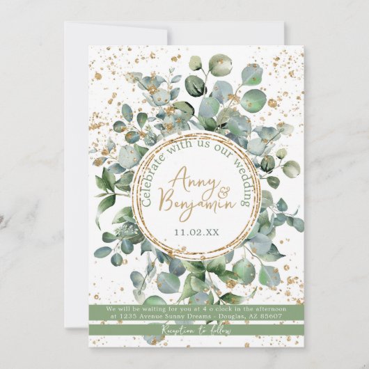 Eucalyptus Gold Glitter - Groen - Uitnodiging 04 (Voorkant)