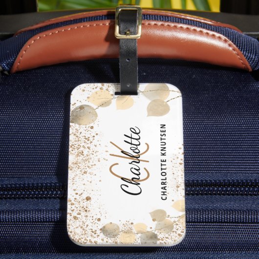 Eucalyptus gold glitter monogram naam bagagelabel (Voorkant Insitu 2)
