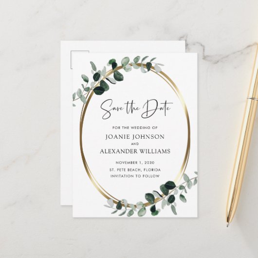 Eucalyptus Gold Metallic QR Code Save the Date Aankondigingskaart (Voorkant / Achterkant in situ)